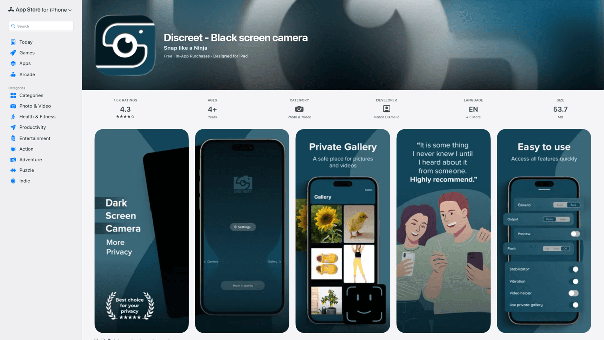 Discreet Black Screen Camera on the App Store showing 4.3 rating and features