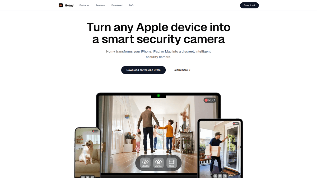 Homy camera app landing page showing stealth mode and iCloud storage features