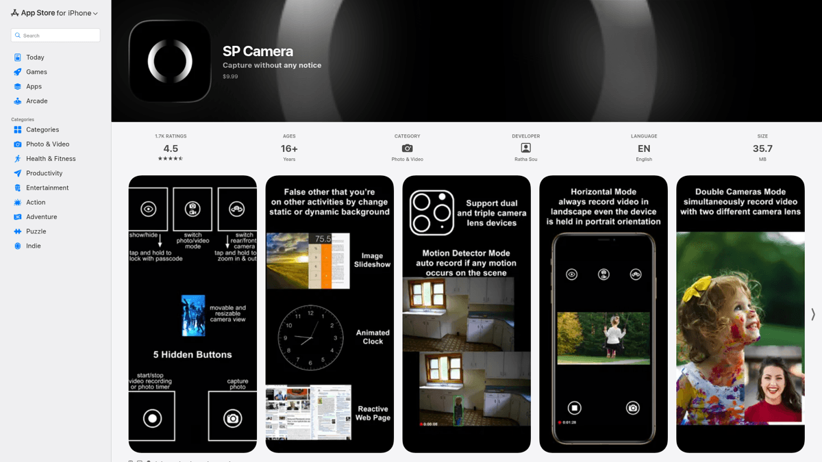 SP Camera on the App Store showing disguise modes and 4.5 star rating