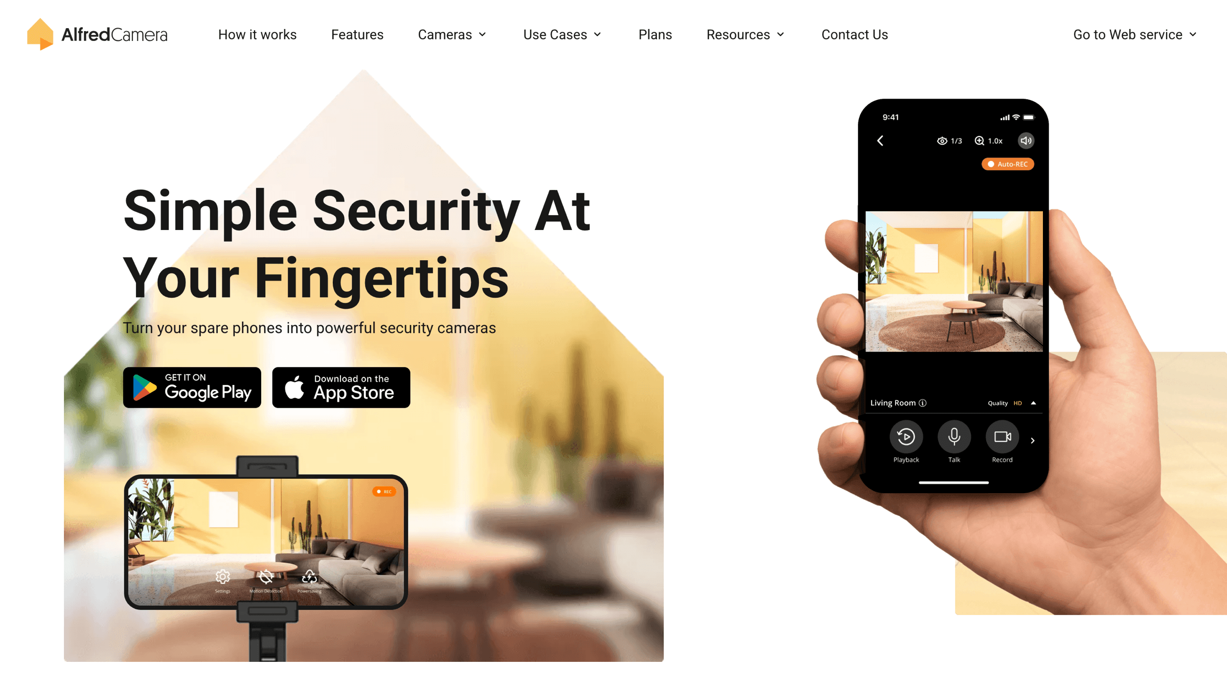 Alfred Camera landing page showing security camera features