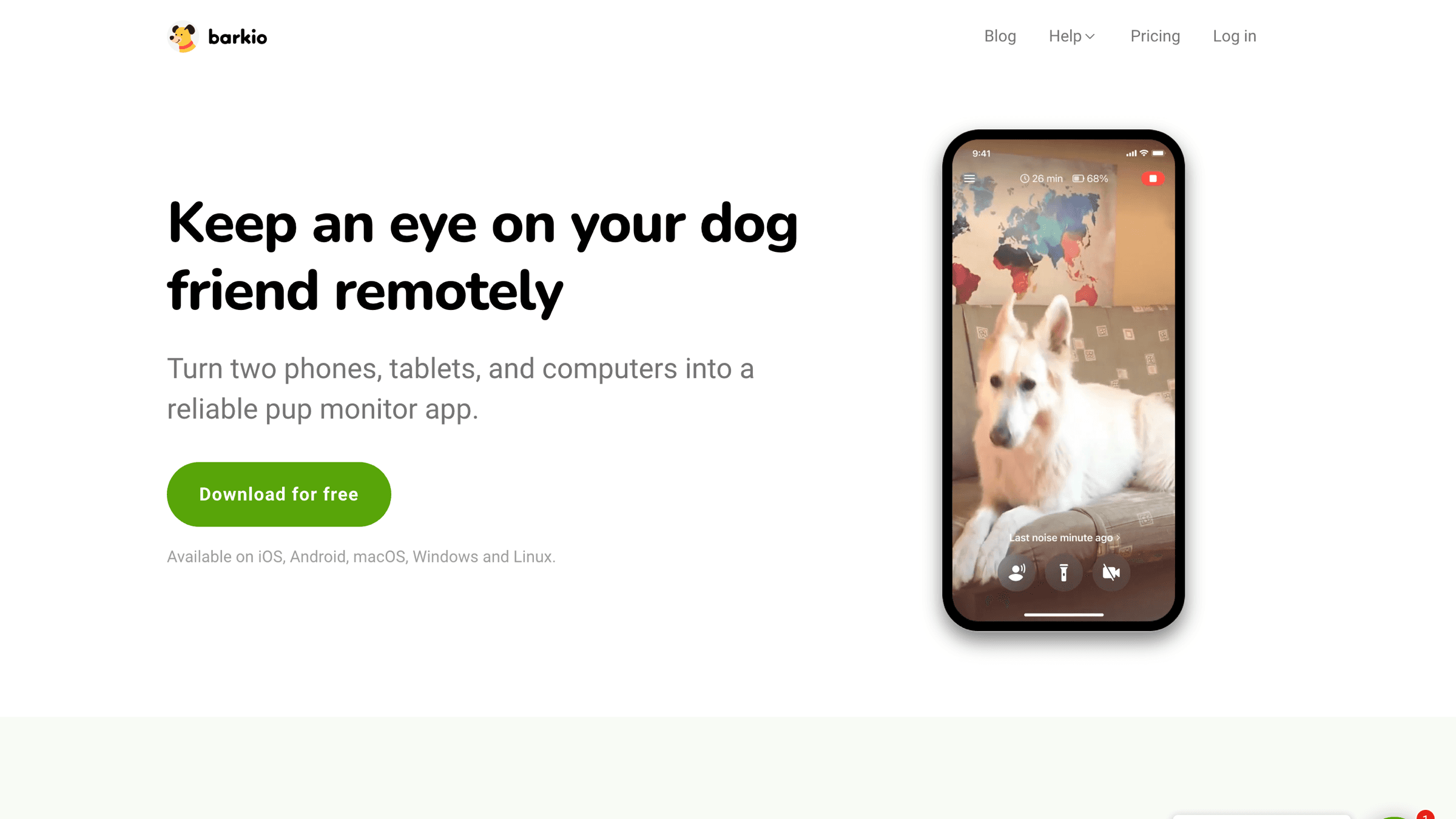 Barkio landing page showing remote dog monitoring features