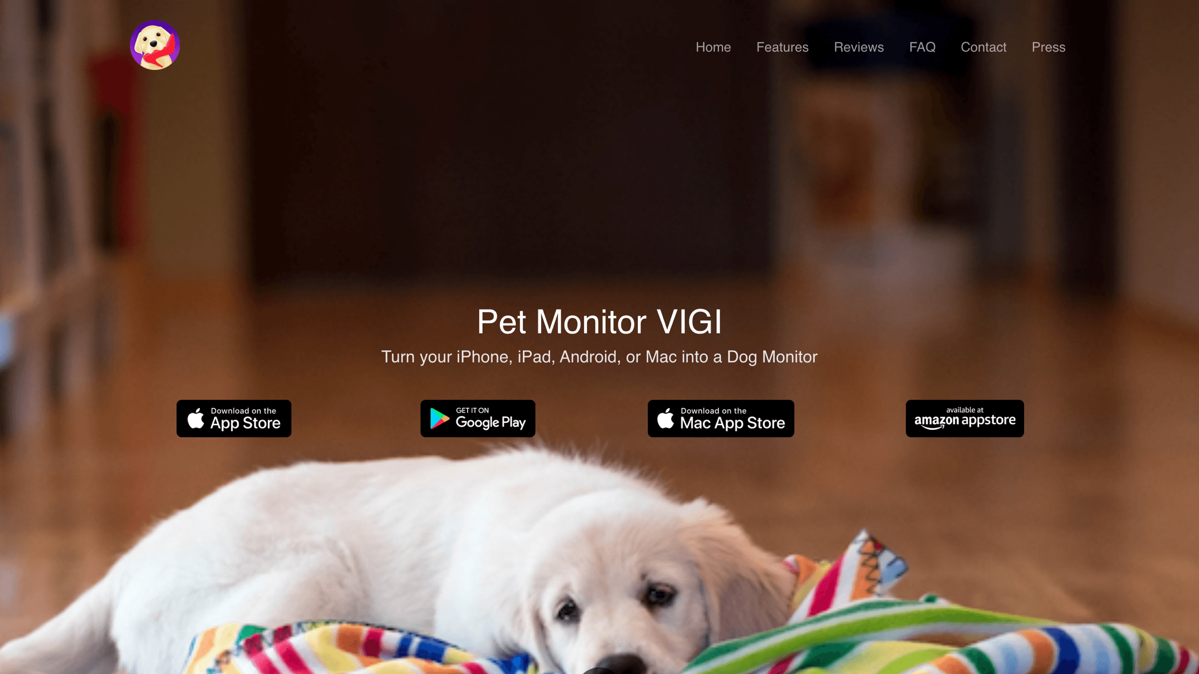 Pet Monitor VIGI landing page showing dog monitoring features